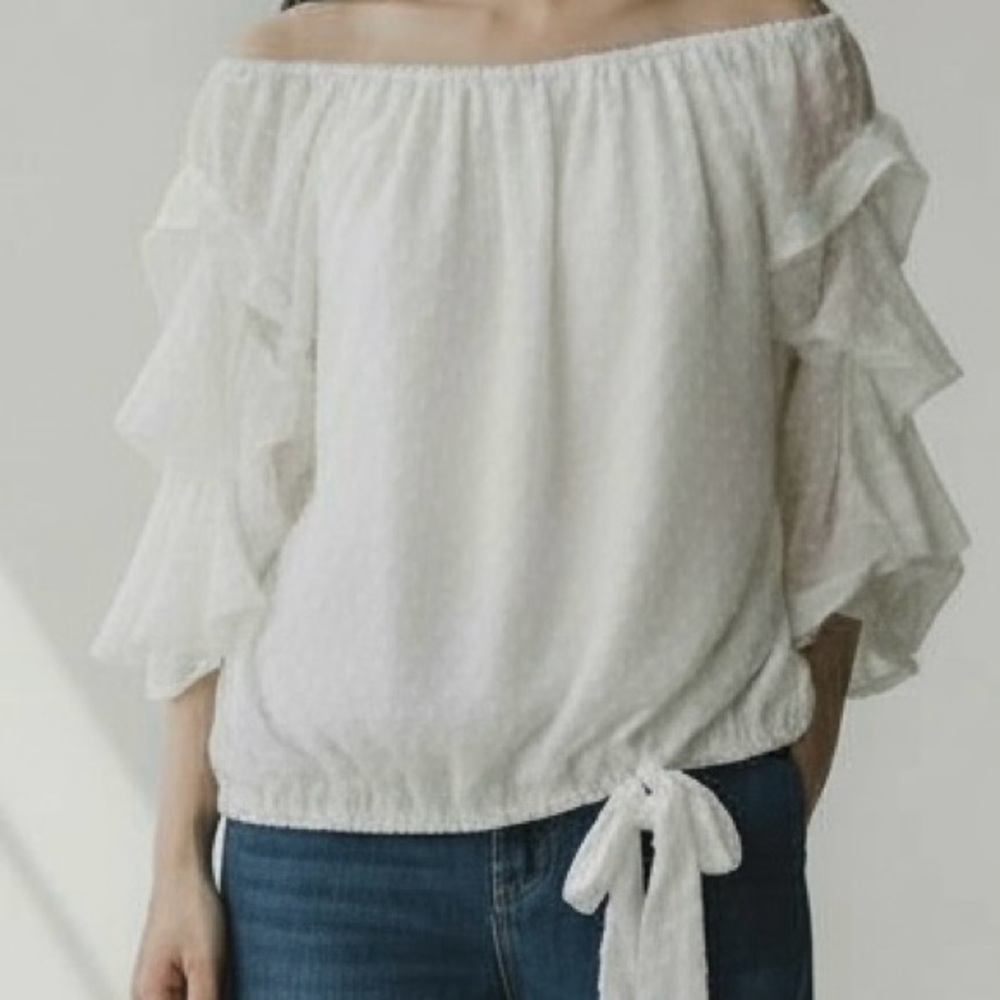 White Off The Shoulder Peasant Blouse With Swiss Dot Design - Size S